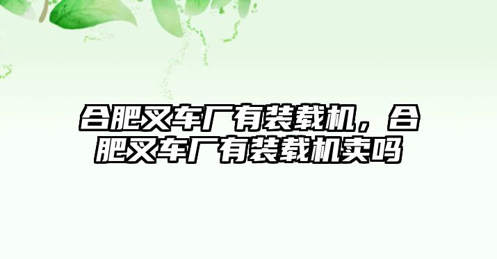 合肥叉車廠有裝載機，合肥叉車廠有裝載機賣嗎